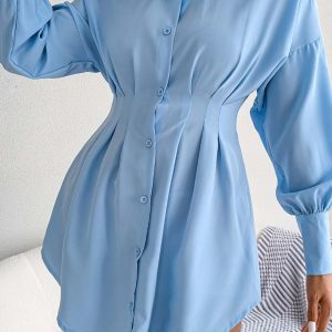 Latern Sleeve Button-Up Pleated Dress in Y2K Style for Chic Aesthetic Outfits