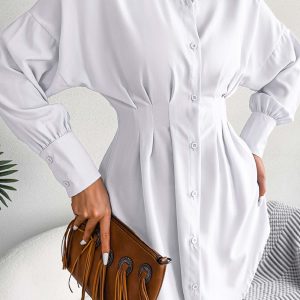 Latern Sleeve Button-Up Pleated Dress in Y2K Style for Chic Aesthetic Outfits