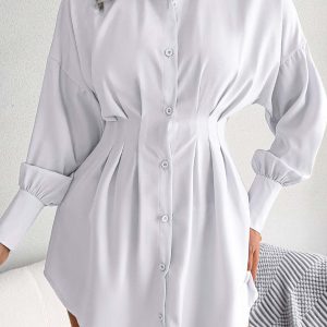 Latern Sleeve Button-Up Pleated Dress in Y2K Style for Chic Aesthetic Outfits