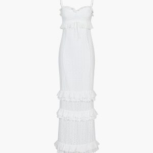 Layered Ruffle Eyelet Long Dress with Cup Detail - Y2K Fashion & Coquette Aesthetic