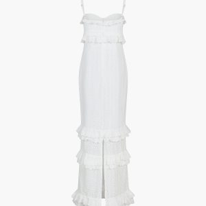 Layered Ruffle Eyelet Long Dress with Cup Detail - Y2K Fashion & Coquette Aesthetic