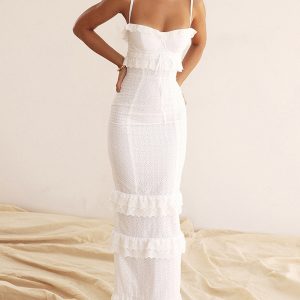 Layered Ruffle Eyelet Long Dress with Cup Detail - Y2K Fashion & Coquette Aesthetic