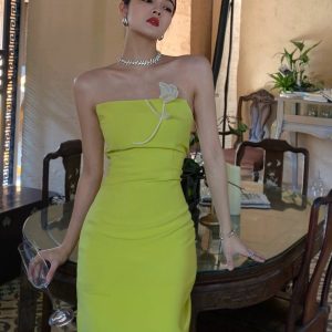 Lemon Yellow Slim-Fit Sheath Dress for Graduation - Y2K Fashion Statement Piece