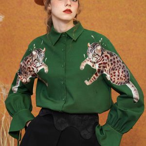 Leopard Print Blouse with Leafy Shade - Y2K Aesthetic Cute Top for Trendy Outfits