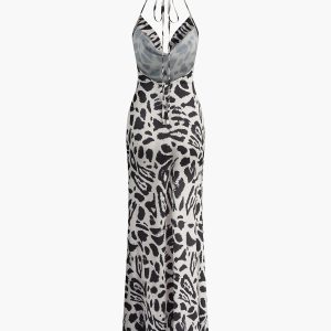 Leopard Print Cowl Neck Halter Dress - Y2K Aesthetic Maxi for Chic Summer Vibes