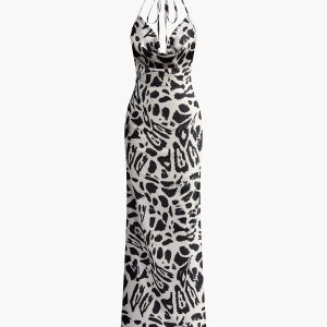 Leopard Print Cowl Neck Halter Dress - Y2K Aesthetic Maxi for Chic Summer Vibes