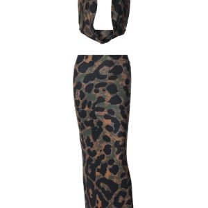 Leopard Print Halter Backless Crop Top & Midi Dress Set - Y2K Sexy Party Outfits