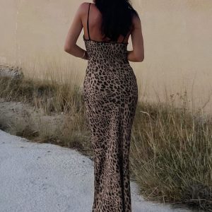 Leopard Print Knotted Long Dress - Y2K Fashion Statement with Contrast Binding Aesthetic