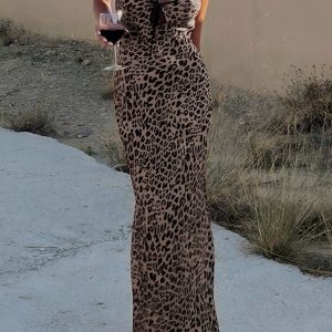 Leopard Print Knotted Long Dress - Y2K Fashion Statement with Contrast Binding Aesthetic