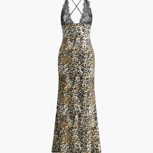 Leopard Print Lace Backless Crisscross Long Dress - Y2K Fashion Statement Piece