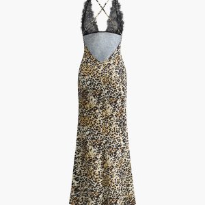 Leopard Print Lace Backless Crisscross Long Dress - Y2K Fashion Statement Piece