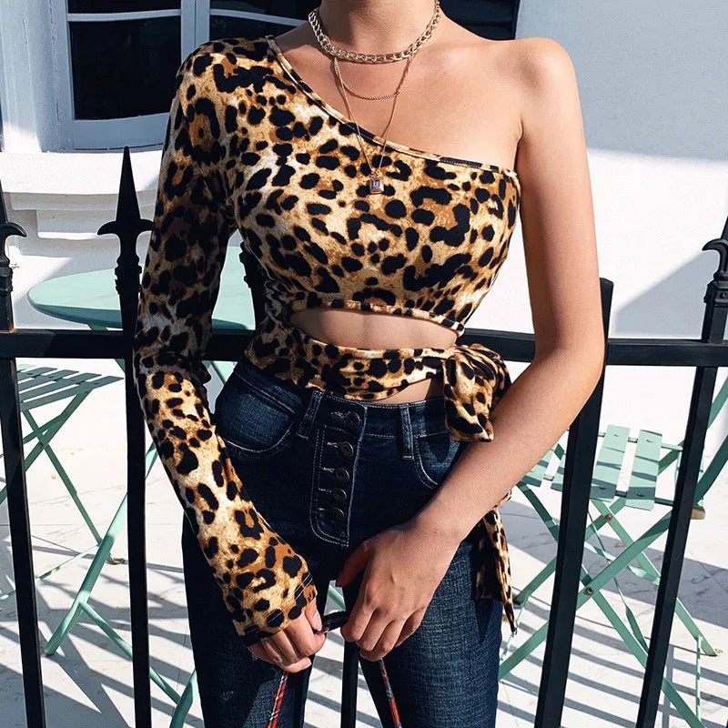 Leopard Print Lace-Up One Shoulder Cropped Top - Vintage Sexy Hollow Out Tee for Women