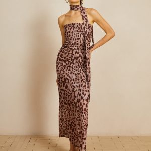 Leopard Print Mesh Halter Dress - Y2K Aesthetic Midi Dress for Trendy Outfits