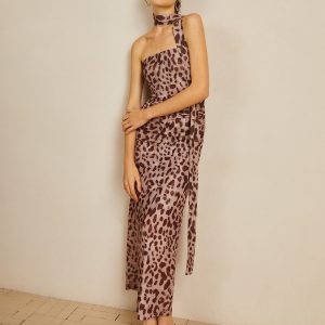 Leopard Print Mesh Halter Dress - Y2K Aesthetic Midi Dress for Trendy Outfits