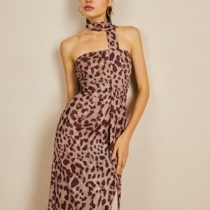 Leopard Print Mesh Halter Dress - Y2K Aesthetic Midi Dress for Trendy Outfits