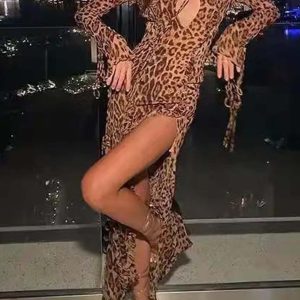 Leopard Print Ruffled Slit Dress with Long Sleeves for Y2K Aesthetic Outfits