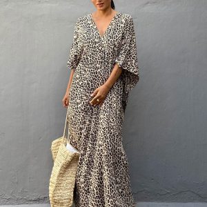 Leopard Print Self-Belted Side Split Maxi Dress - Trendy Summer Beachwear for Women