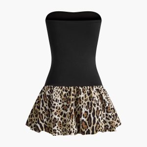 Leopard Print Strapless Short Dress with Paneled Design for Y2K Aesthetic Outfits