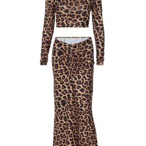 Leopard Print Y2K Matching Set: Long Sleeve Top & Ruched Maxi Dress for Party & Club Wear