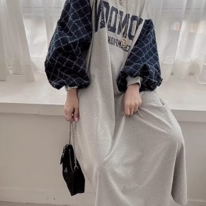 Letter Print Patchwork Lantern Sleeve Y2K Aesthetic Sweatshirt Dress for Trendy Looks