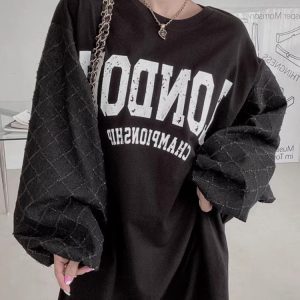 Letter Print Patchwork Lantern Sleeve Y2K Aesthetic Sweatshirt Dress for Trendy Looks