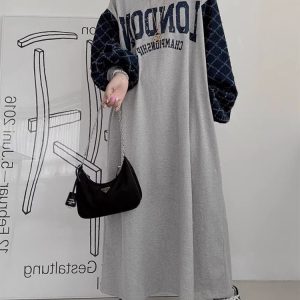 Letter Print Patchwork Lantern Sleeve Y2K Aesthetic Sweatshirt Dress for Trendy Looks