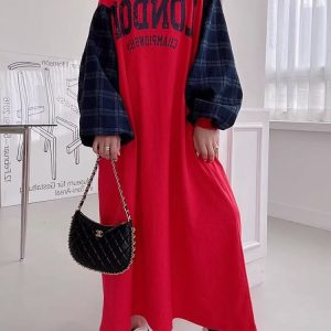 Letter Print Patchwork Lantern Sleeve Y2K Aesthetic Sweatshirt Dress for Trendy Looks