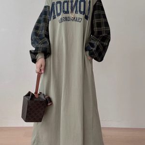 Letter Print Patchwork Lantern Sleeve Y2K Aesthetic Sweatshirt Dress for Trendy Looks