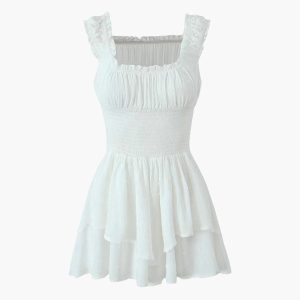 Lettuce Trim Shirred Waist Layered Mini Dress - Y2K Aesthetic Cute Dress for Stylish Looks