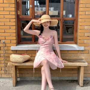 Light Pink Chiffon Midi Dress - Vintage Chic Sleeveless Beach Fashion for Y2K Aesthetic Summer 2024