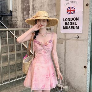 Light Pink Chiffon Midi Dress - Vintage Chic Sleeveless Beach Fashion for Y2K Aesthetic Summer 2024