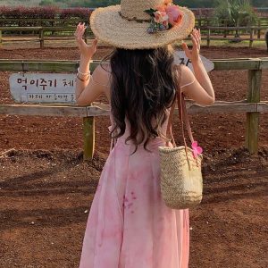 Light Pink Chiffon Midi Dress - Vintage Chic Sleeveless Beach Fashion for Y2K Aesthetic Summer 2024