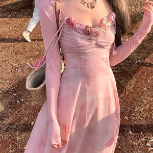 Light Pink Chiffon Midi Dress - Vintage Chic Sleeveless Beach Fashion for Y2K Aesthetic Summer 2024