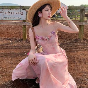 Light Pink Chiffon Midi Dress - Vintage Chic Sleeveless Beach Fashion for Y2K Aesthetic Summer 2024