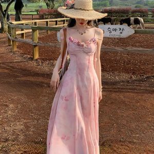 Light Pink Chiffon Midi Dress - Vintage Chic Sleeveless Beach Fashion for Y2K Aesthetic Summer 2024