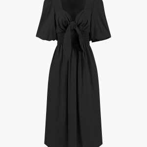 Linen Cotton Front Tie Midi Dress - Y2K Aesthetic Chic for Effortless Style