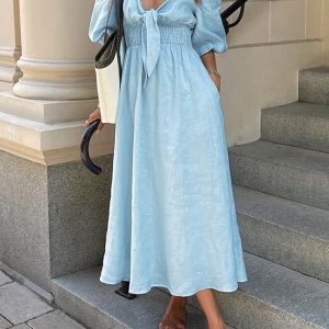 Linen Cotton Front Tie Midi Dress - Y2K Aesthetic Chic for Effortless Style