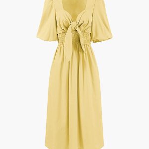 Linen Cotton Front Tie Midi Dress - Y2K Aesthetic Chic for Effortless Style