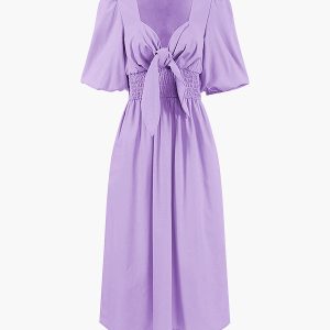 Linen Cotton Front Tie Midi Dress - Y2K Aesthetic Chic for Effortless Style