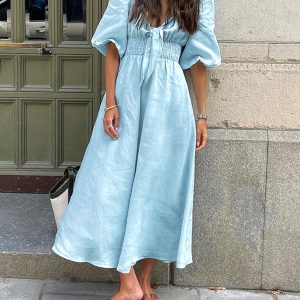 Linen Cotton Front Tie Midi Dress - Y2K Aesthetic Chic for Effortless Style