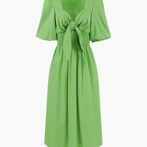 Linen Cotton Front Tie Midi Dress - Y2K Aesthetic Chic for Effortless Style