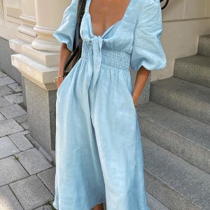 Linen Cotton Front Tie Midi Dress - Y2K Aesthetic Chic for Effortless Style