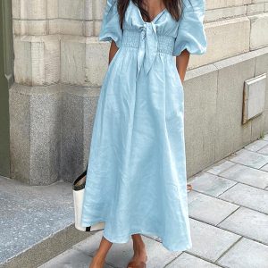 Linen Cotton Front Tie Midi Dress - Y2K Aesthetic Chic for Effortless Style