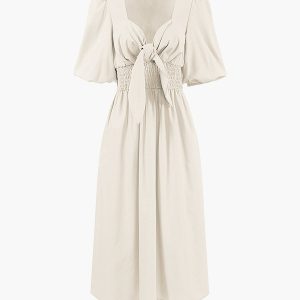 Linen Cotton Front Tie Midi Dress - Y2K Aesthetic Chic for Effortless Style