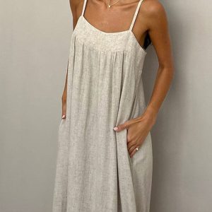 Linen Pockets Cami Maxi Dress - Effortless Y2K Aesthetic for Chic Summer Outfits