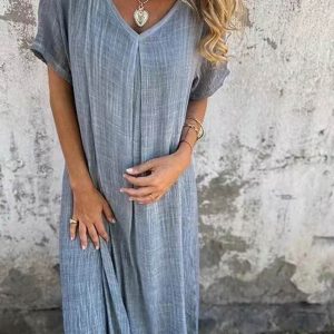 Linen Solid V Neck Midi Dress - Effortless Y2K Aesthetic for Chic Summer Outfits