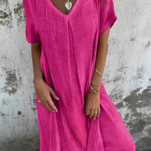 Linen Solid V Neck Midi Dress - Effortless Y2K Aesthetic for Chic Summer Outfits