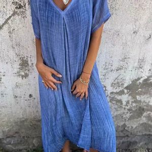 Linen Solid V Neck Midi Dress - Effortless Y2K Aesthetic for Chic Summer Outfits