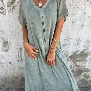 Linen Solid V Neck Midi Dress - Effortless Y2K Aesthetic for Chic Summer Outfits