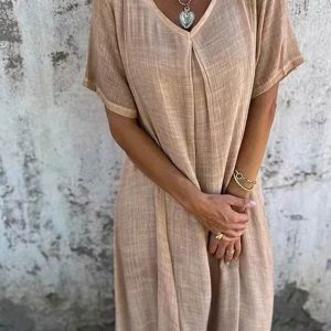 Linen Solid V Neck Midi Dress - Effortless Y2K Aesthetic for Chic Summer Outfits